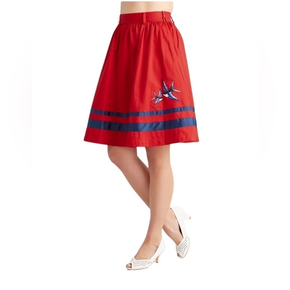 Bea & Dot By ModCloth Red Blue Striped Embroidered Cotton Bird Skirt Size L - Picture 1 of 8